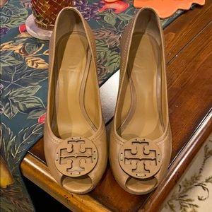 Tory Burch Peep Toe Camel Wedge